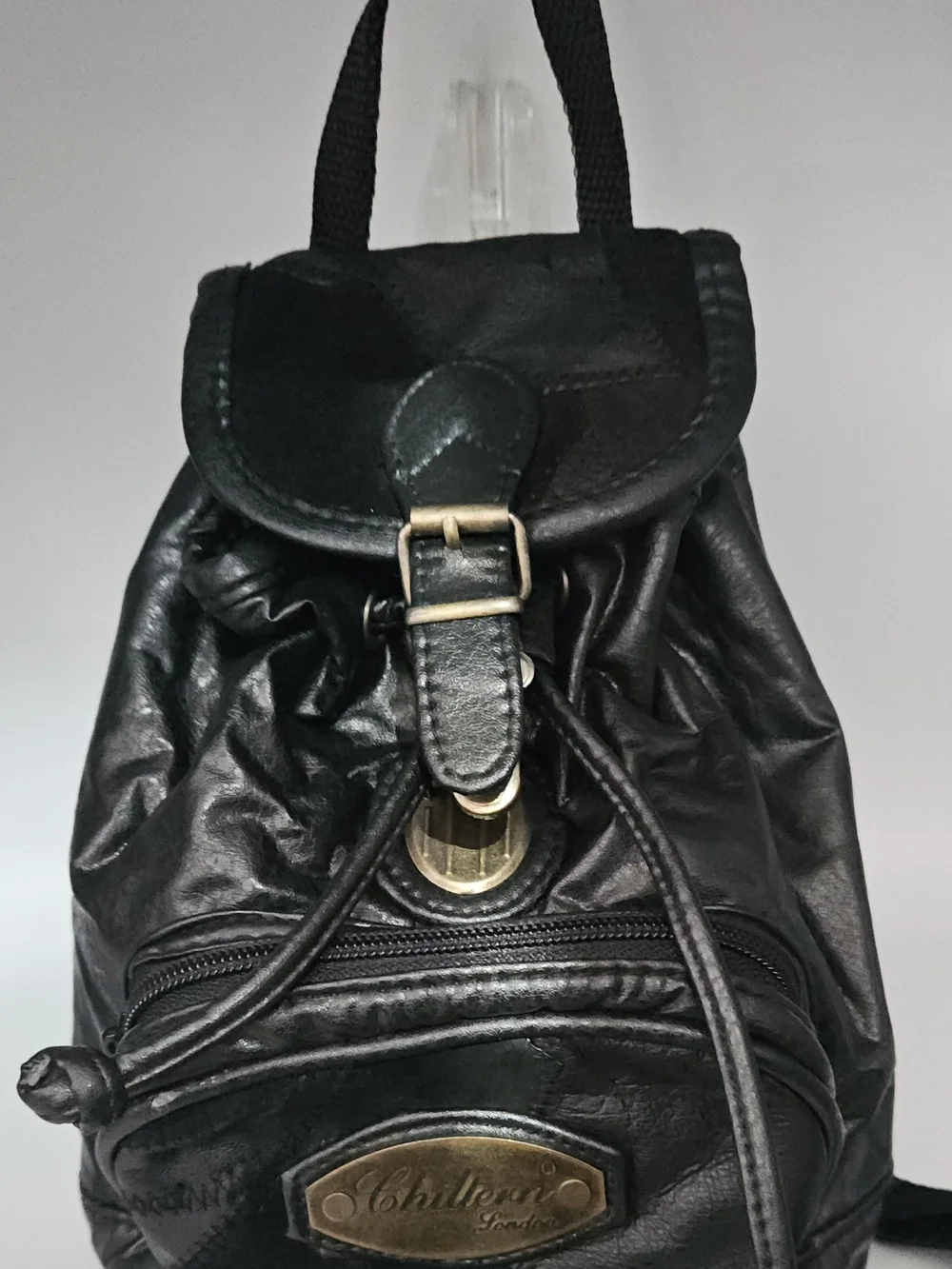 Vintage Chiltern London Mini Backpack Black Leather Tuck Lock Y2K